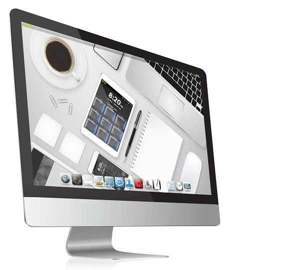 Een computerscherm met een kopje koffie erop.